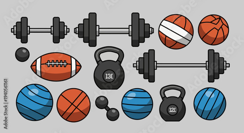 Fitness Equipment Collection: Dumbbells, Kettlebells, Medicine Balls, and Sports Balls