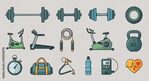 Fitness Equipment Collection: Dumbbells, Treadmill, Exercise Bike, Kettlebell, Jump Rope, Stopwatch