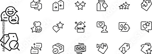 Sale and review concept. 20 linear icons for online or offline stores, mobile apps and messengers. Promotion, marketing and advertising line signs.  Vector illustration isolated on a white background.