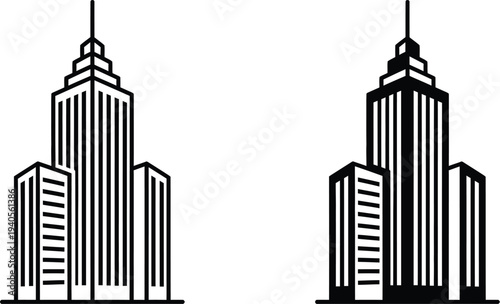 A black and white illustration of two skyscrapers standing tall in the city