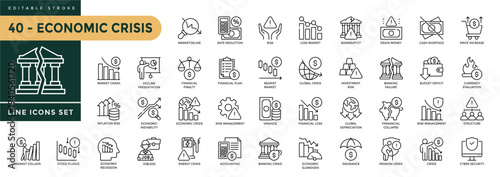 A collection of Economic Crisis icons set with editable stroke, including instability, bankruptcy, debt, financial, market collapse, recession, , downturn, crisis. Thin linear vector illustration.