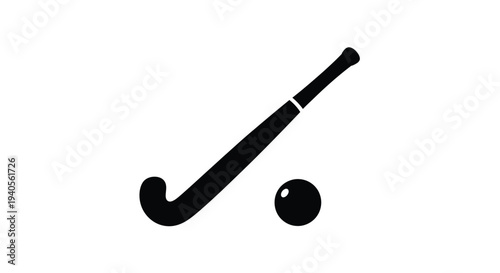 A black hockey stick and ball rest on a white background silhouette