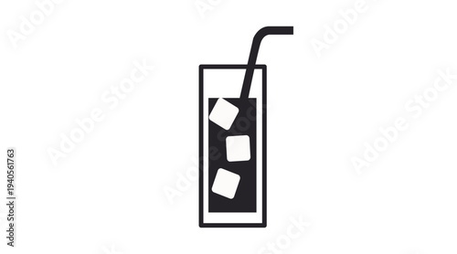 Clean black vector icon of a highball drink glass with ice cubes and a straw, representing beverages, cocktails, soft drinks, refreshments, bars and restaurants. Minimalist and modern design 