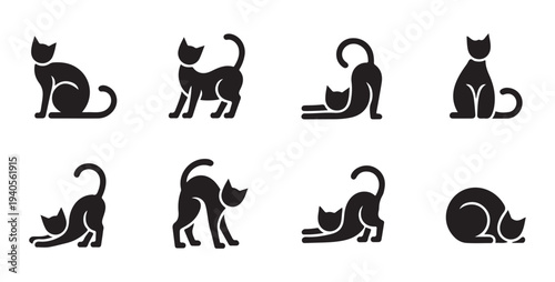 Collection of black cat silhouettes in various poses including sitting, standing, and stretching on white