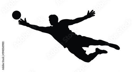 A goalkeeper dives to save a ball in a dynamic pose silhouette
