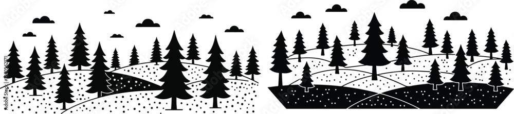 Obraz premium Black and white illustration of coniferous forest landscape with trees and hills