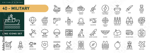 A collection of Military icons set with editable stroke, including Tank, Fighter Jet, Warship, Radar, Soldier, Missile, Gun, Rifle, Cannon. Thin linear vector illustration.