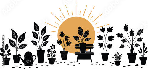 Black plants in pots around orange sun on table in garden