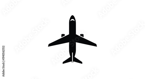 Overhead view of a dark airplane against a white background silhouette