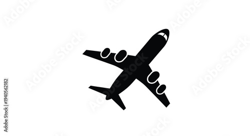 A black airplane is depicted from above in a stark silhouette