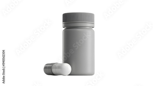 White medicine bottle grey cap and one two tone capsule on clean studio surface soft light medical mood isolated on tran