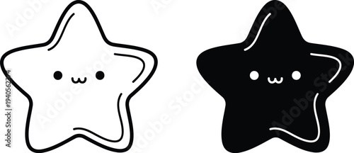 A cute illustration of two smiling star characters in black and white