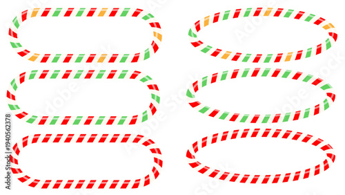 Set of frames twisted red and green, white  candy cane. Forms templates for the holiday.  oval. Vector isolated