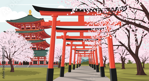 Iconic Japanese Torii Gates and Cherry Blossoms at a Traditional Temple