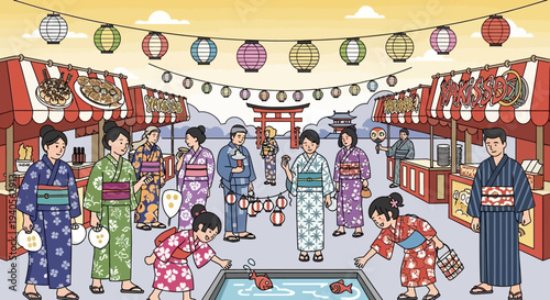 Japanese Summer Festival with People in Yukata Enjoying Traditional Activities