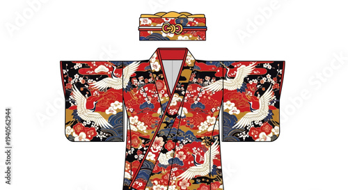 Japanese Wedding Kimono with Crane and Flower Motifs, Traditional Attire