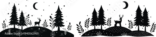 Black silhouette of deer and trees under crescent moon and stars in night landscape scene