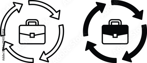 A simple graphic illustration of a briefcase with circular arrows