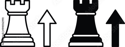 A black and white illustration of chess pieces with arrows pointing up