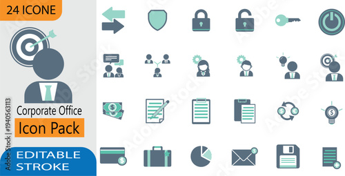 Corporate Office Flat Icon Pack – Editable Stroke Business, Security and Management Vector Icons Set