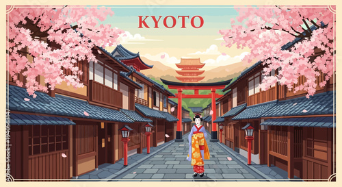 Pixel Art Kyoto Street Scene with Geisha and Cherry Blossoms