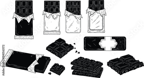 Chocolate Bar Vector Illustrations Featuring Unwrapped Dark Cocoa Squares Candy Packaging Broken Pieces Snack Set Dessert Icons and Sweet Food Elements