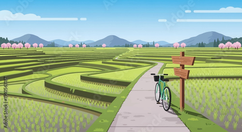 Rural spring landscape: terraced rice fields, path, bicycle, mountain view