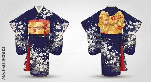 Traditional Japanese Kimono with Cherry Blossoms and Obi Sash