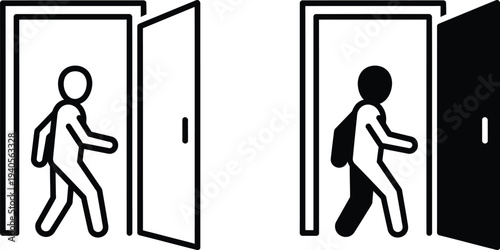 A person runs through an open door into a bright space and another through a dark doorway