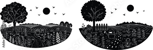 Black and white illustration of two trees on grassy hills with sun and stars