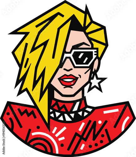 Bold vector illustration featuring a charismatic female character with expressive yellow hair and futuristic shades, showcasing a distinctive visual style and trendy appeal