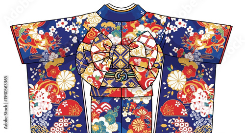 Traditional Japanese Kimono with Vibrant Floral Patterns and Obi