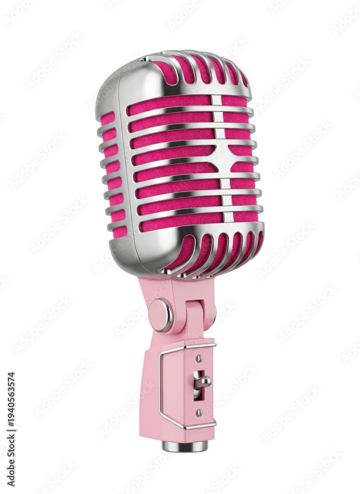 Fototapeta premium Pink retro metallic microphone isolated. Vintage audio broadcasting equipment.