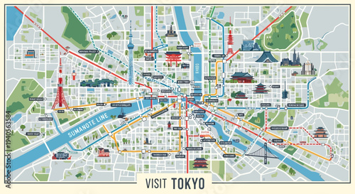 Tokyo City Map with Landmarks and Subway Lines - Travel Guide Illustration