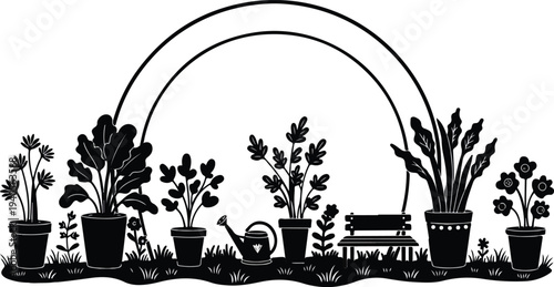 Black silhouette of potted plants and garden tools under a double archway on white background