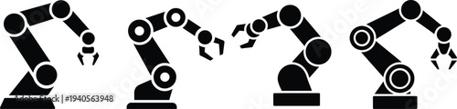 Four robotic arms in different positions with white outlines on white background