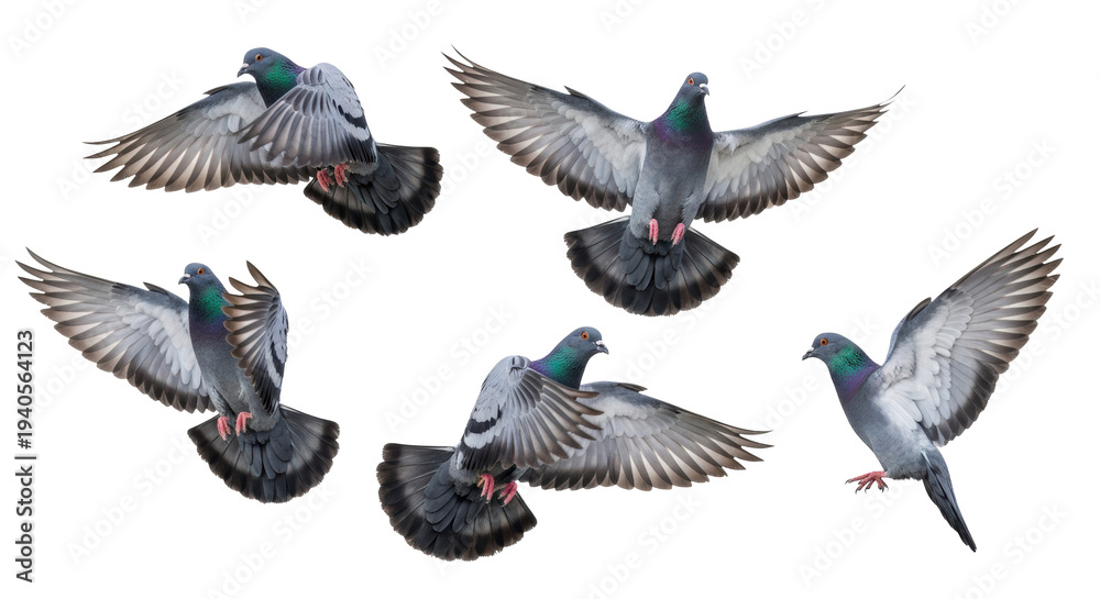 Fototapeta premium ultra-realistic uhd photo of five common grey pigeons (rock doves) actively flapping wings in dynamic flight against a transparent background. Concept of avian motion study