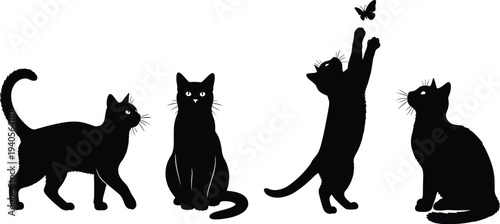 Black cat silhouettes collection, walking sitting standing feline poses, butterfly interaction design, animal vector illustration, minimalist artwork, graphic posture sequence, curiosity
