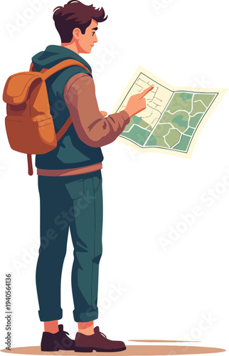 Escursionista con mappa che cerca la strada in montagna – illustrazione vettoriale