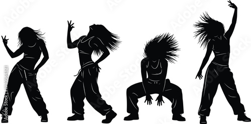 Hip hop dance silhouette, street dancers in motion, energetic choreography, expressive movement, urban style, dynamic poses, rhythm, performance, artistic illustration