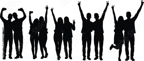 Group of diverse people silhouettes celebrating friendship, joy, unity, social gathering, peace signs, selfies, happiness, camaraderie, teamwork, lifestyle illustration