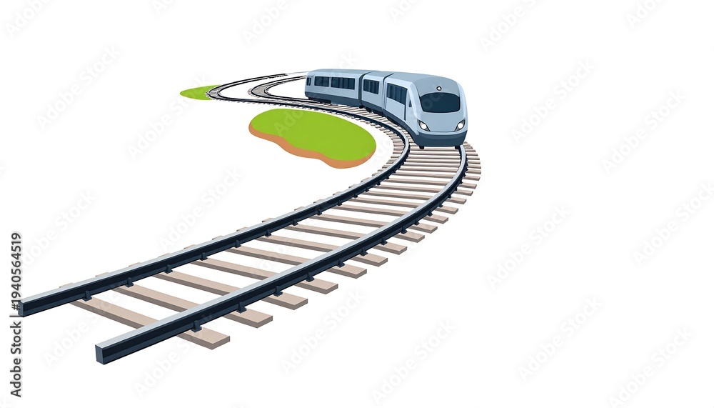 Fototapeta premium Modern High-Speed Train on Curved Tracks with Green Scenery Background Isolated