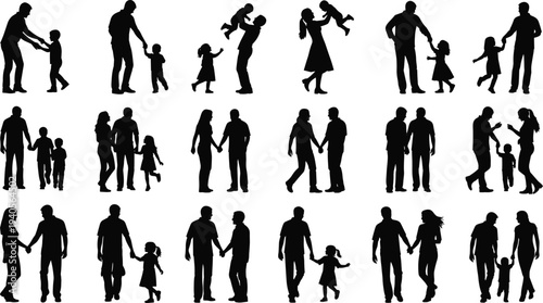Silhouette parents with children, family bonding, caregiving interaction, walking hand in hand, lifting kids, parenting love, vector illustration, lifestyle