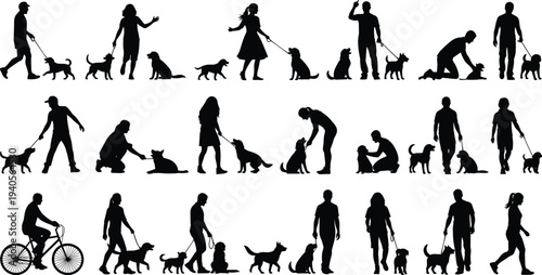 Silhouette people walking dogs, petting dogs, playing with pets, cycling with dogs, human animal bond, companionship, outdoor activities, vector illustration