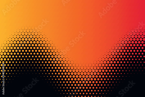 Abstract orange and red gradient background with black halftone dot pattern forming a dynamic wave shape, ideal for modern digital design, web banners, and presentations.