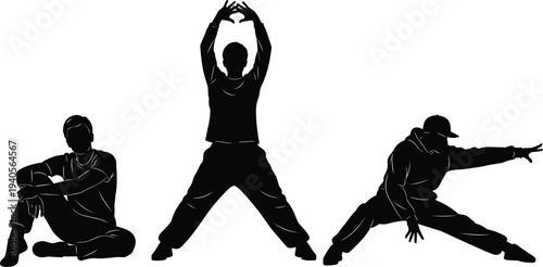 Stretching exercise silhouettes, fitness poses collection, yoga warm-up routine, healthy lifestyle design, workout vector illustration, minimalist graphic art, physical activity posture