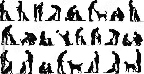 Silhouettes of people with dogs, training, playing, petting, companionship, emotional support, friendship, pet care, bonding, lifestyle, animal interaction, training, playing, petting