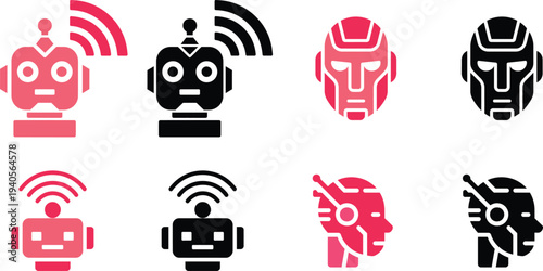 Robot and cyborg icons in red and black on white background