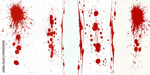 Red splatter patterns against a stark white background abstract design