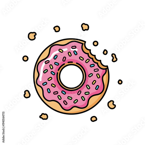 Pink Frosted Donut with Sprinkles, Partially Eaten, Isolated on White Background